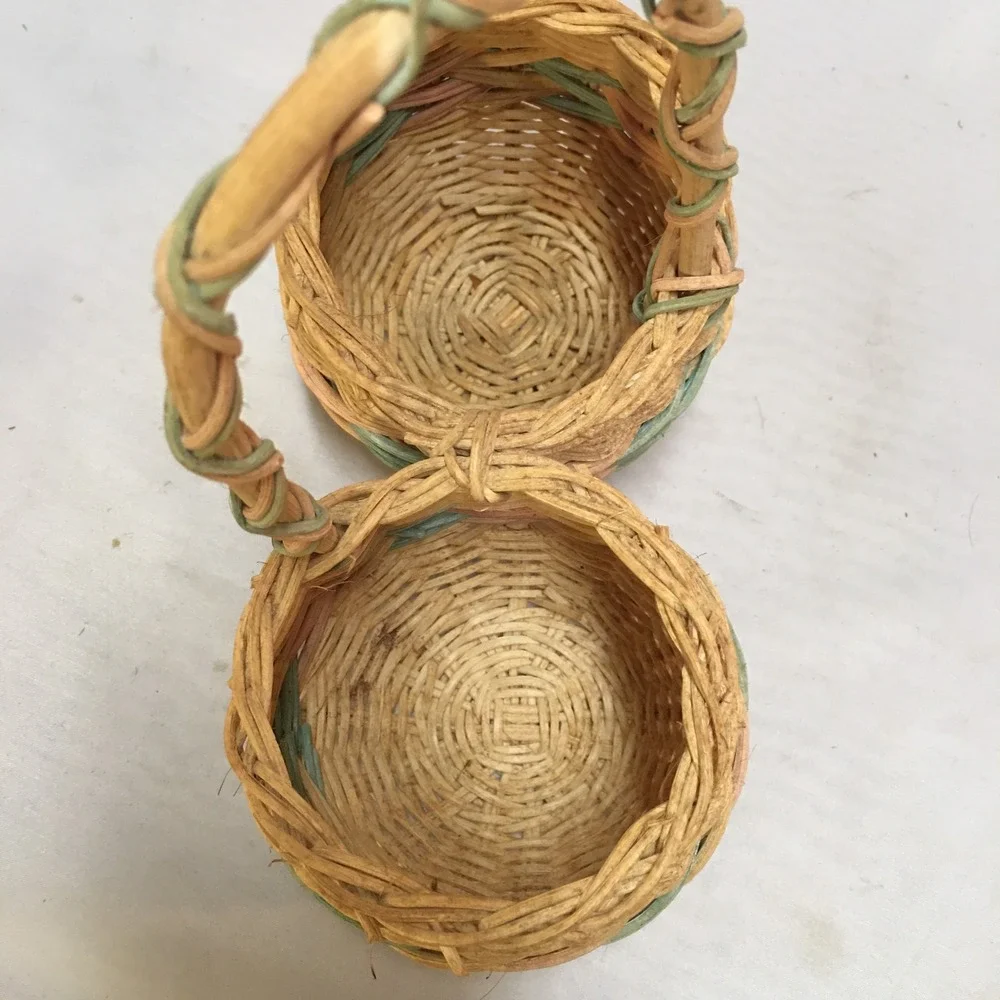 Miniature Double Wicker Basket Unisex Small Tan Pastel Woven Decor Cottagecore